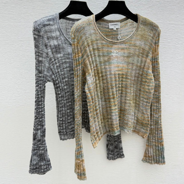 CC 26FW Ribbed-Knit Scoop-Neck Top Flared Sleeves CC Logo Viscose 313316