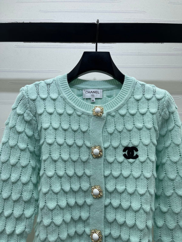 CC 26FW Crochet Feather Pattern Cardigan Contrast Trim Knitwear Wool Knitwear 446581