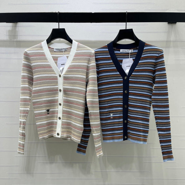 CD 26FW Striped V-Neck Cardigan Three-Tone Letter Embroidery Imported Wool 446569