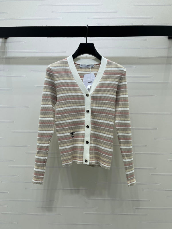 CD 26FW Striped V-Neck Cardigan Three-Tone Letter Embroidery Imported Wool 446569