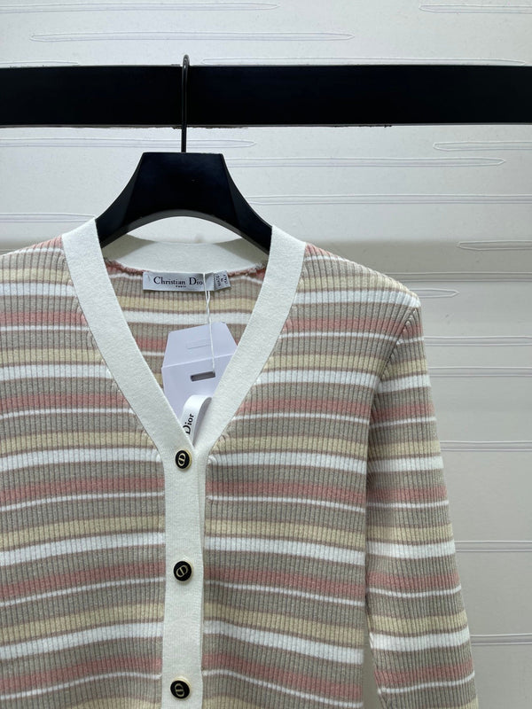 CD 26FW Striped V-Neck Cardigan Three-Tone Letter Embroidery Imported Wool 446569