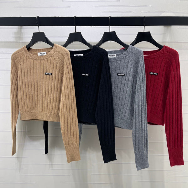 Miu 26FW Cropped Ribbed Crewneck Sweater Logo Jacquard Wool 446555