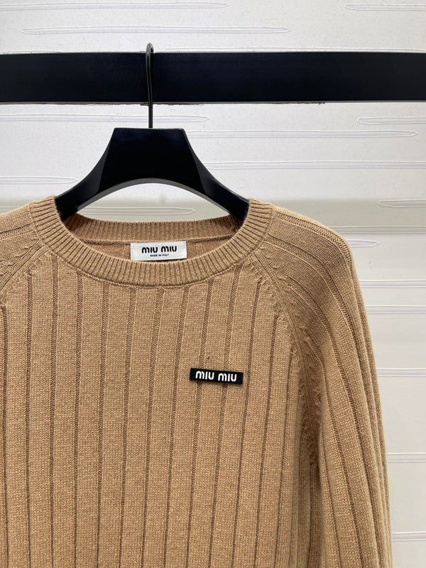 Miu 26FW Cropped Ribbed Crewneck Sweater Logo Jacquard Wool 446555