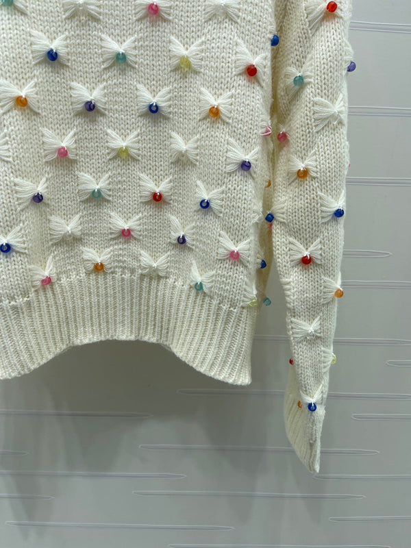 CC 26FW 3D Bow Sweater Colorful Bead Embellishments Cream Wool 446539