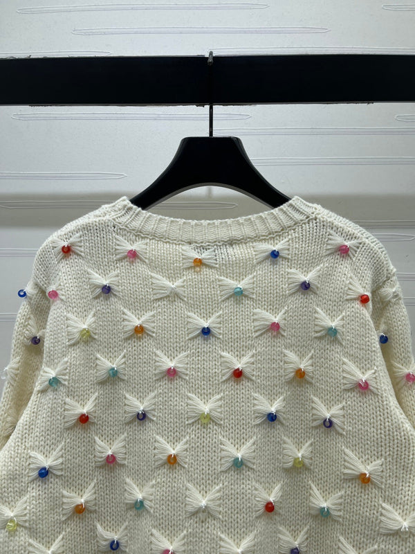 CC 26FW 3D Bow Sweater Colorful Bead Embellishments Cream Wool 446539