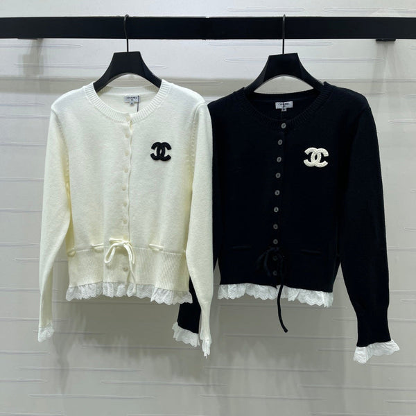CC 26FW Lace-Trim Crewneck Cardigan Double-C Embroidery Wool 446521