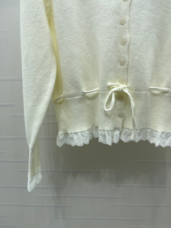 CC 26FW Lace-Trim Crewneck Cardigan Double-C Embroidery Wool 446521
