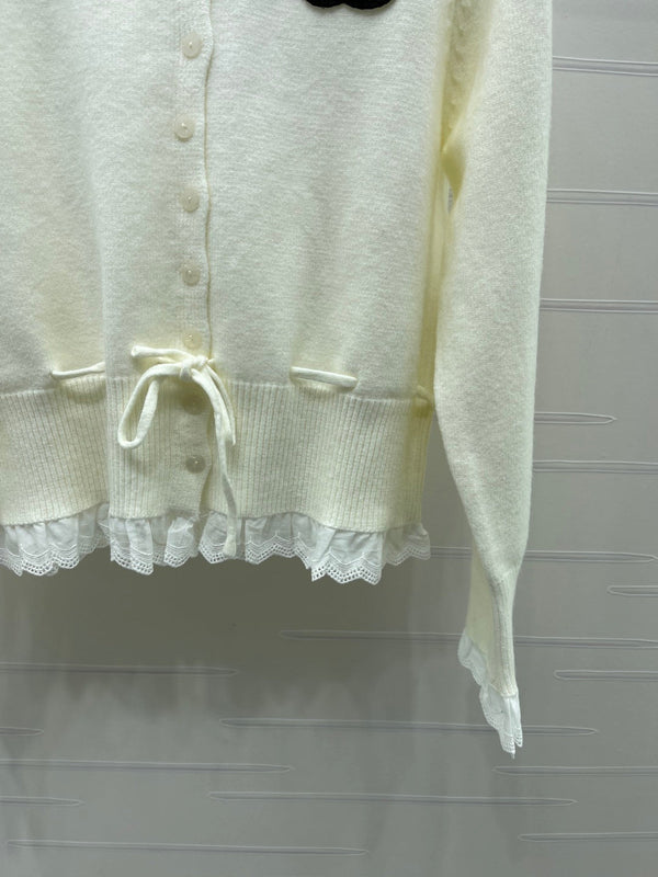CC 26FW Lace-Trim Crewneck Cardigan Double-C Embroidery Wool 446521