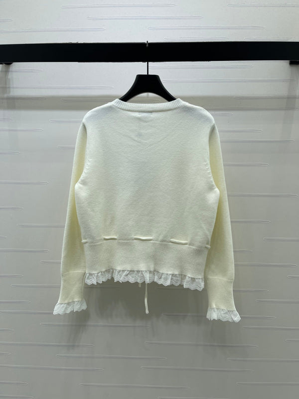 CC 26FW Lace-Trim Crewneck Cardigan Double-C Embroidery Wool 446521