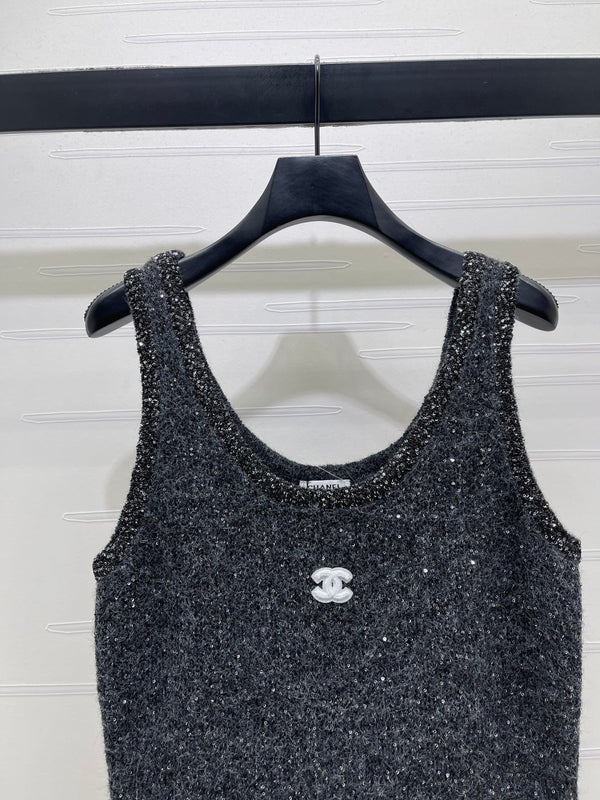 CC 26FW Embellished Knit Camisole Dress Sequin Trim Double-C Embroidery Gray Wool 446520