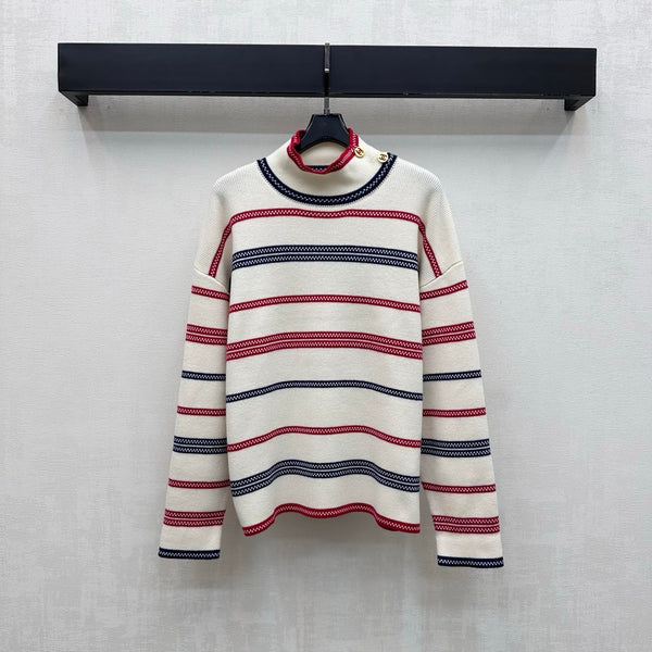 CC 26FW Striped Mock-Neck Top Double-C Metal Buttons Cashmere e 446483
