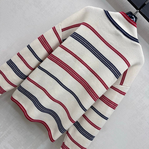 CC 26FW Striped Mock-Neck Top Double-C Metal Buttons Cashmere e 446483