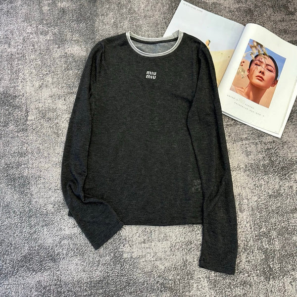 Miu 26FW Long-Sleeved T-Shirt Contrast Crew Neck Embroidered Logo Lyocell 446403