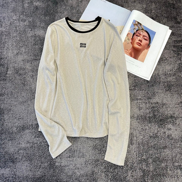 Miu 26FW Long-Sleeved T-Shirt Contrast Crew Neck Embroidered Logo Lyocell 446403