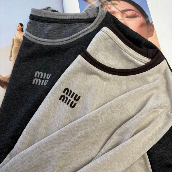 Miu 26FW Long-Sleeved T-Shirt Contrast Crew Neck Embroidered Logo Lyocell 446403