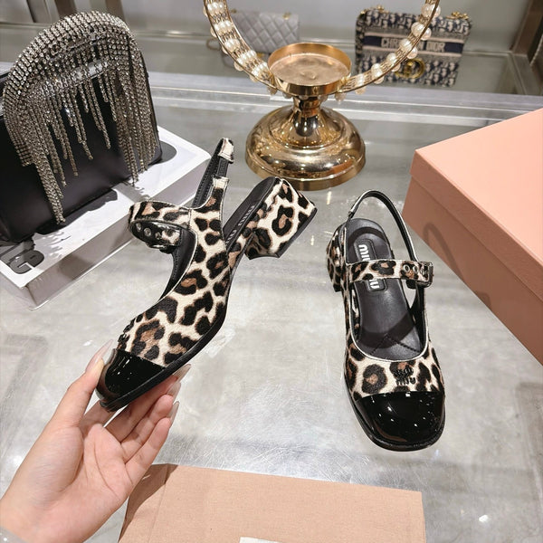 Miu 26FW Slingback Pumps 4.5cm Square Toe Strap Leopard Print Pony Hair 190486
