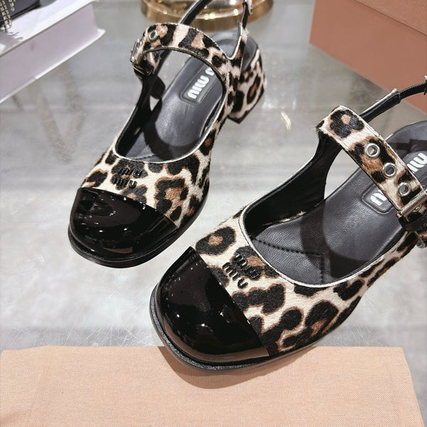 Miu 26FW Slingback Pumps 4.5cm Square Toe Strap Leopard Print Pony Hair 190486