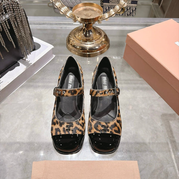 Miu 26FW Mary Jane Pumps 4.5cm Square Toe Strap Leopard Print Pony Hair 190479