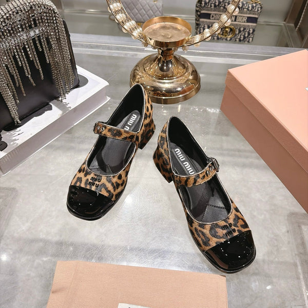 Miu 26FW Mary Jane Pumps 4.5cm Square Toe Strap Leopard Print Pony Hair 190479