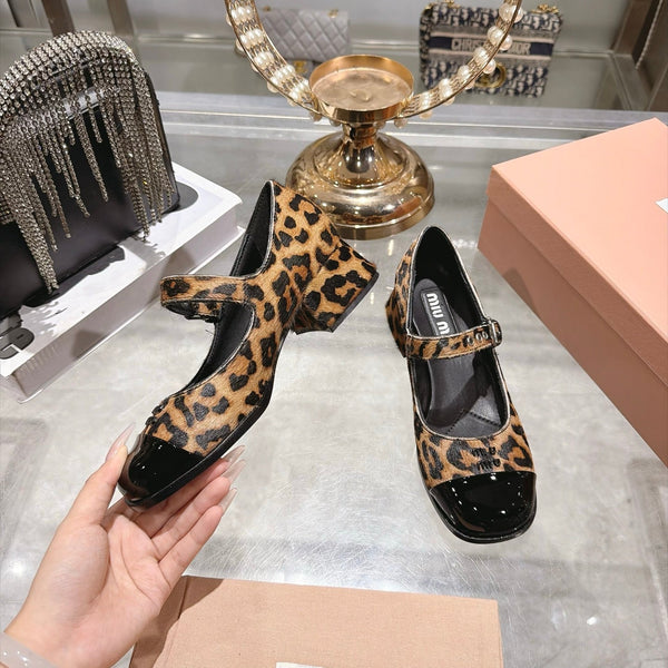 Miu 26FW Mary Jane Pumps 4.5cm Square Toe Strap Leopard Print Pony Hair 190479