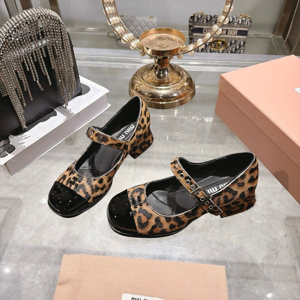 Miu 26FW Mary Jane Pumps 4.5cm Square Toe Strap Leopard Print Pony Hair 190479