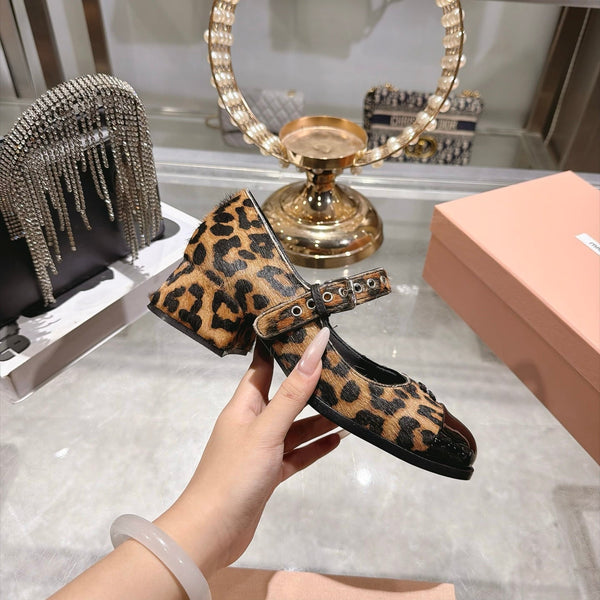 Miu 26FW Mary Jane Pumps 4.5cm Square Toe Strap Leopard Print Pony Hair 190479