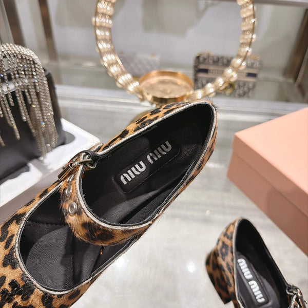 Miu 26FW Mary Jane Pumps 4.5cm Square Toe Strap Leopard Print Pony Hair 190479