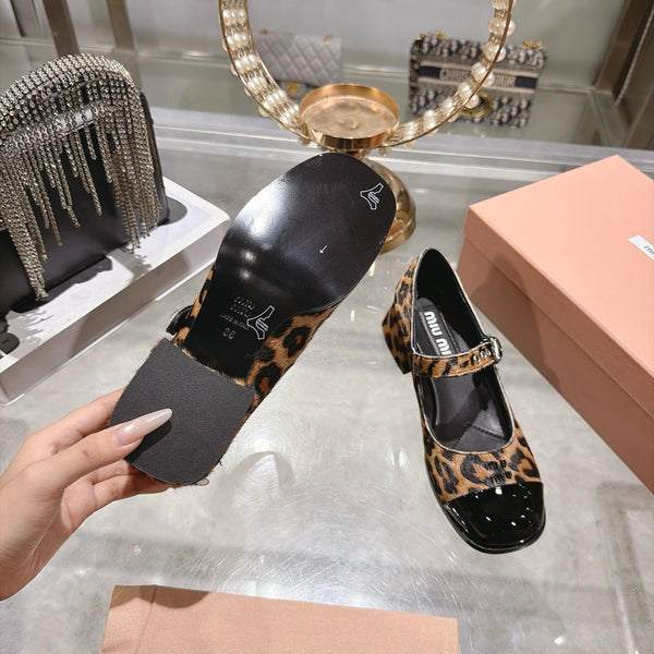 Miu 26FW Mary Jane Pumps 4.5cm Square Toe Strap Leopard Print Pony Hair 190479