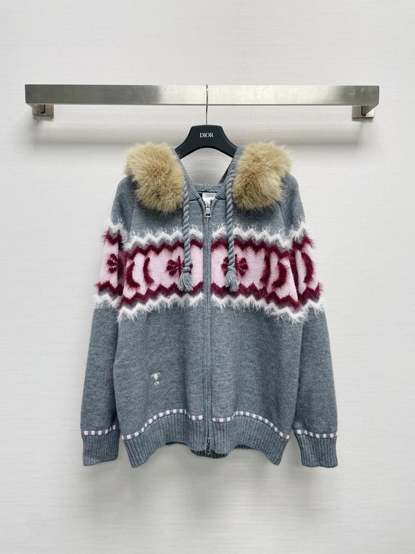 CD 26FW Hooded Wool Cardigan Removable Fur Collar Contrast Trim Bee Embroidery 446708