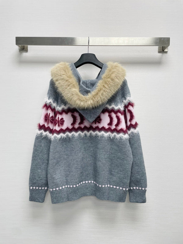 CD 26FW Hooded Wool Cardigan Removable Fur Collar Contrast Trim Bee Embroidery 446708
