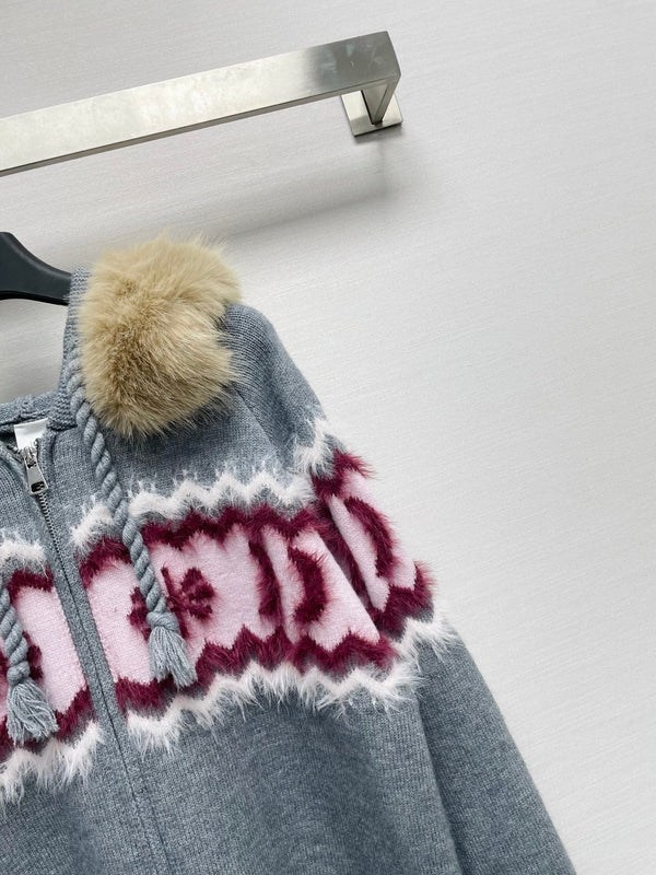 CD 26FW Hooded Wool Cardigan Removable Fur Collar Contrast Trim Bee Embroidery 446708