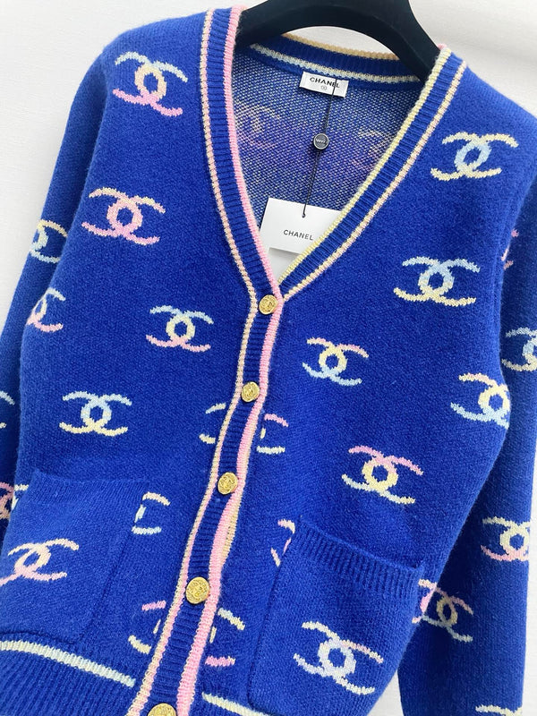 CC 26FW V-Neck Cardigan All-Over Rainbow Double-C Jacquard Wool 446706
