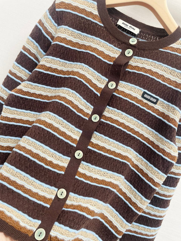 Miu 26FW Crewneck Cardigan Contrast Stripe Patch Logo Wool 446704