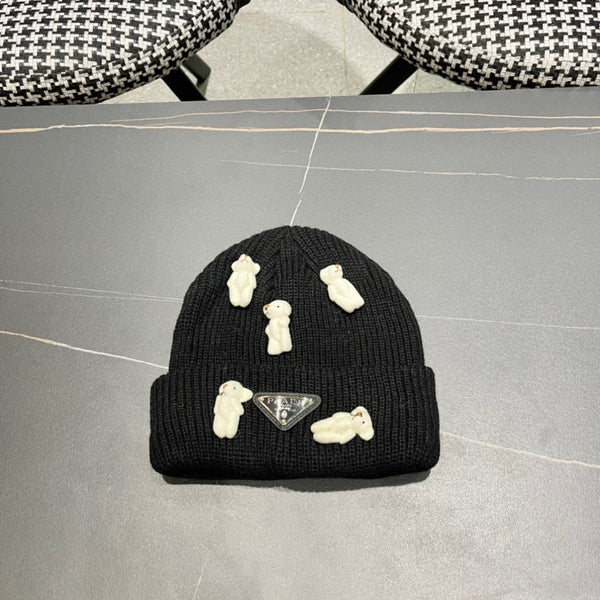 Prad 26FW Double-Layer Knit Beanie Bear Design Knitted Wool 552005