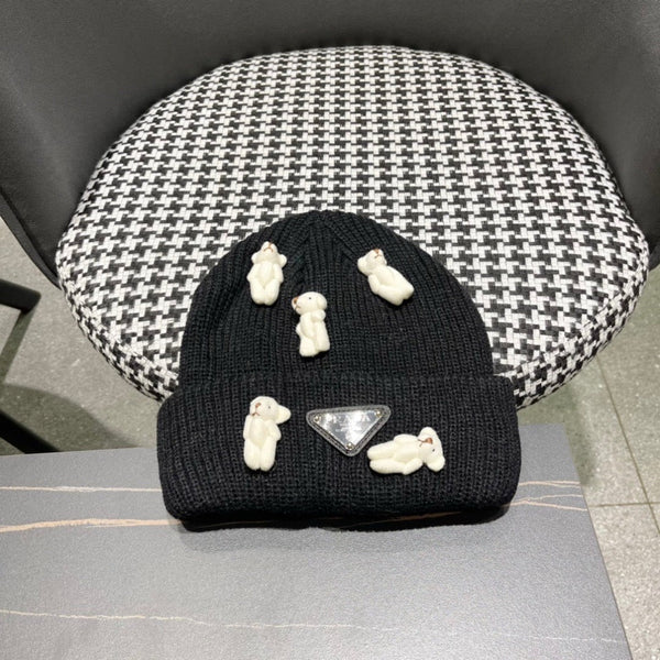 Prad 26FW Double-Layer Knit Beanie Bear Design Knitted Wool 552005