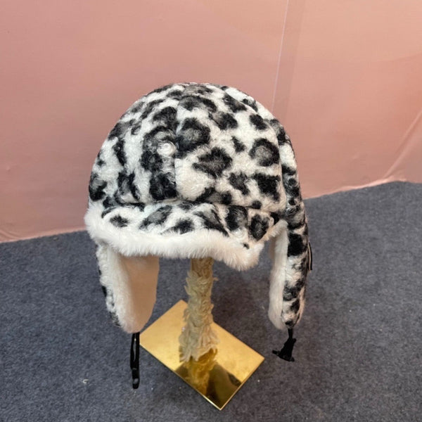 Prad 26FW Leopard Print Faux Fur Trapper Hat Ear Flaps Logo Patch