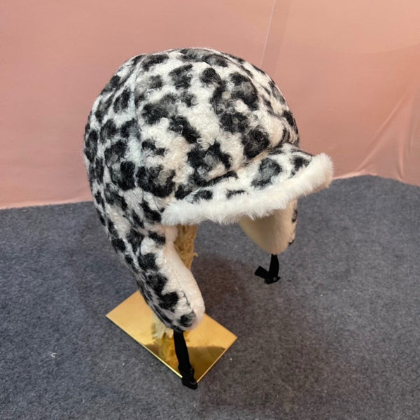 Prad 26FW Leopard Print Faux Fur Trapper Hat Ear Flaps Logo Patch