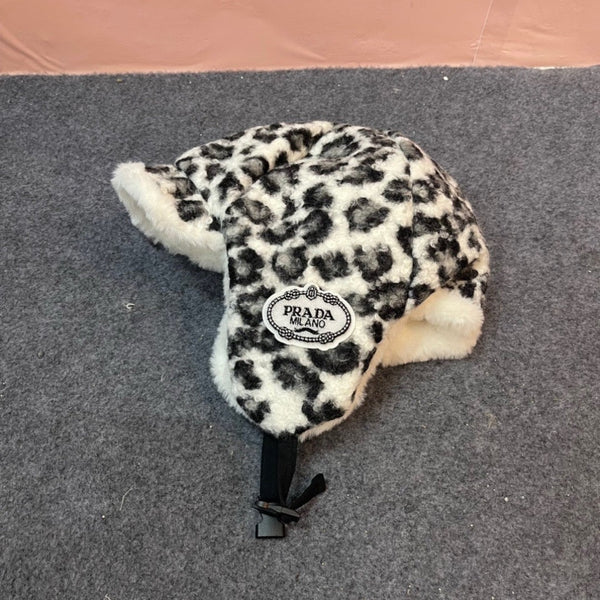 Prad 26FW Leopard Print Faux Fur Trapper Hat Ear Flaps Logo Patch