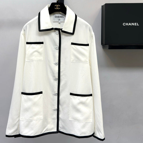 CC 26FW Contrast-Trim Collared Utility Jacket Four Patch Pockets Black White Silk 447725