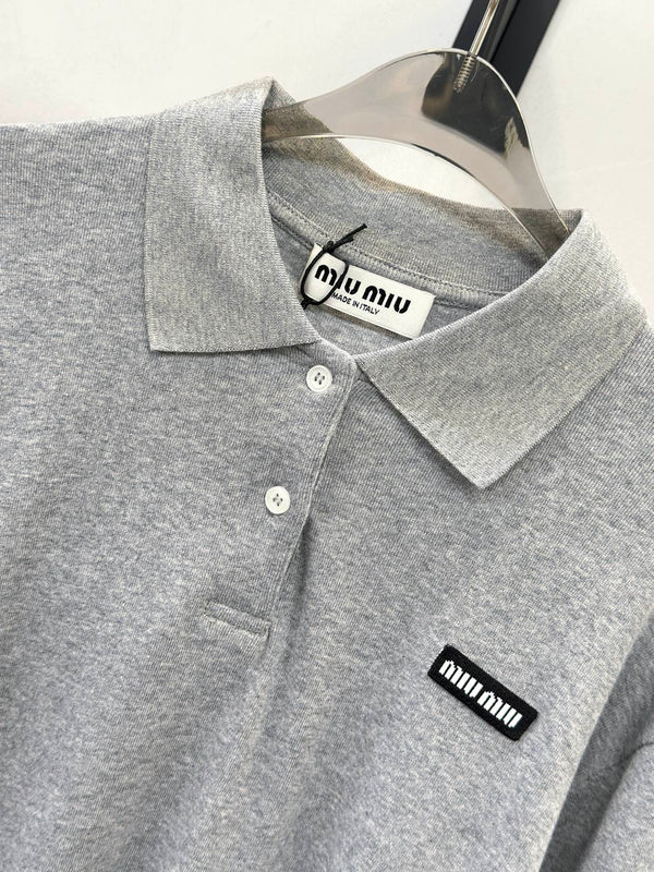 Miu 26FW Ribbed Long-Sleeve Polo Shirt White Cotton 447720