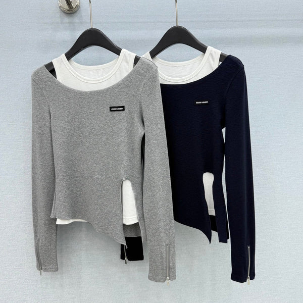 Miu 26FW Layered Long-Sleeve Top Contrast Panels Zipper Stretch Fabric 447683