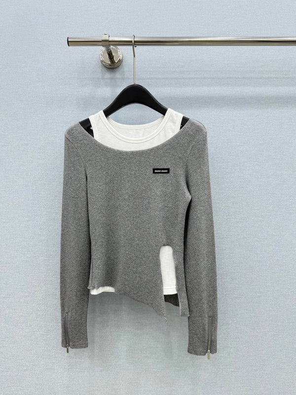 Miu 26FW Layered Long-Sleeve Top Contrast Panels Zipper Stretch Fabric 447683
