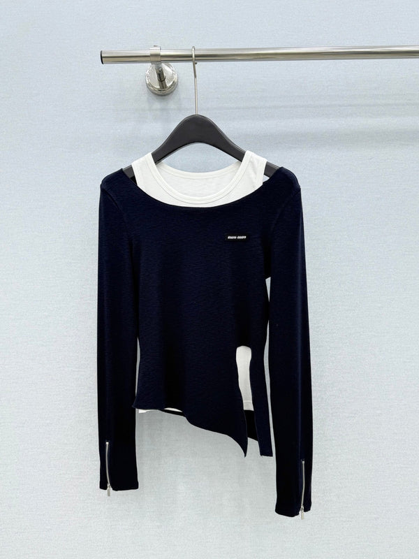 Miu 26FW Layered Long-Sleeve Top Contrast Panels Zipper Stretch Fabric 447683