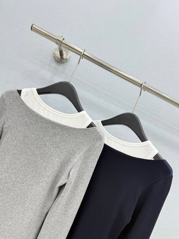 Miu 26FW Layered Long-Sleeve Top Contrast Panels Zipper Stretch Fabric 447683