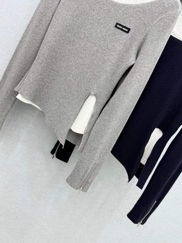 Miu 26FW Layered Long-Sleeve Top Contrast Panels Zipper Stretch Fabric 447683
