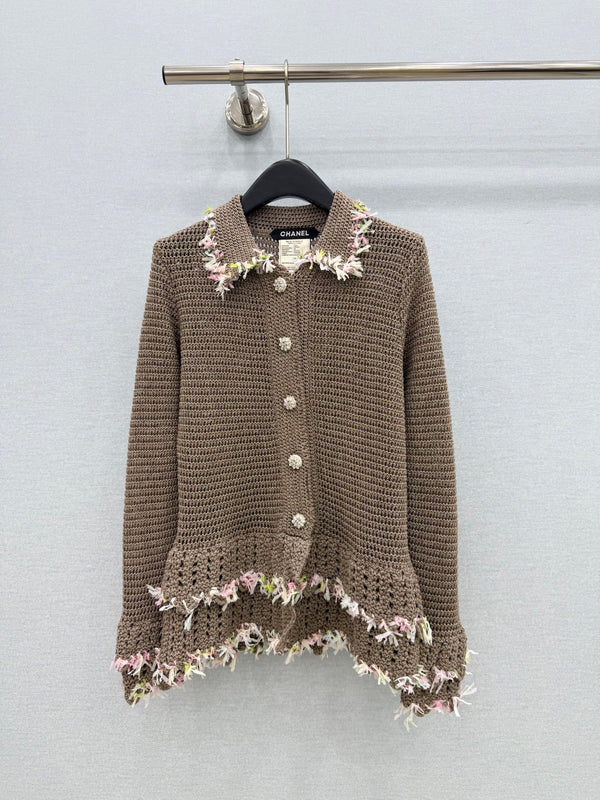 CC 26FW Vintage Openwork Crochet Lapel Sweater Wool Alpaca Blend 447653