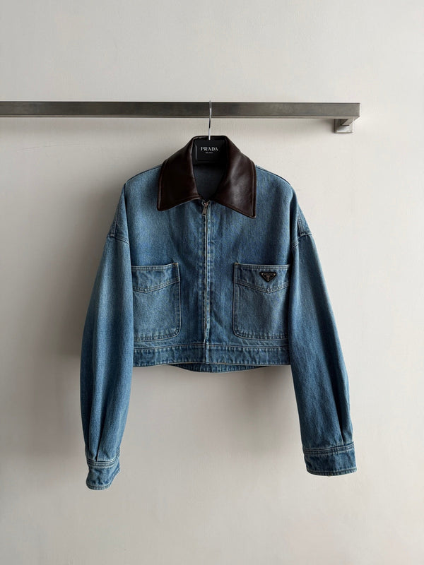 Prad 26FW Cropped Denim Jacket Leather Collar Cotton 447225