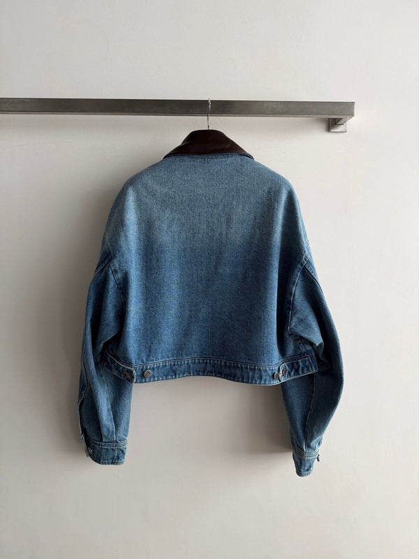 Prad 26FW Cropped Denim Jacket Leather Collar Cotton 447225