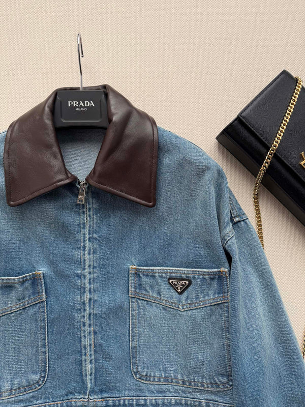 Prad 26FW Cropped Denim Jacket Leather Collar Cotton 447225