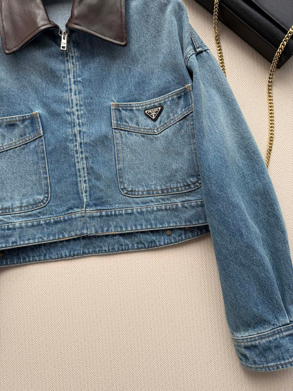 Prad 26FW Cropped Denim Jacket Leather Collar Cotton 447225